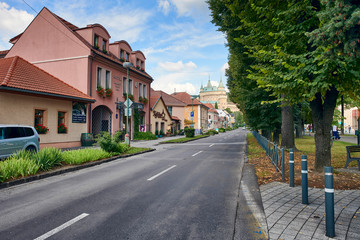 Fototapeta na wymiar Streets of the city of Bojnice, Slovakia, with the castle in the background.
