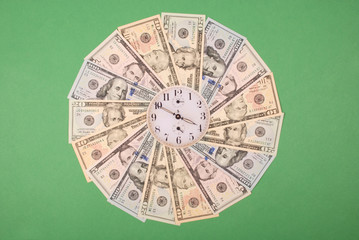 Concept of clock and dollar. Clock on mandala kaleidoscope from money. Abstract money background...