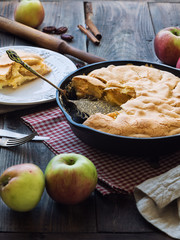 Homemade apple pie in iron skillet