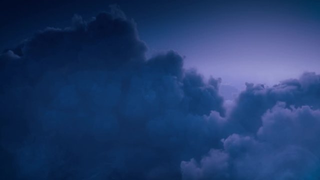 Looped animation of flying above the clouds. Night flight over clouds. Computer generated seamless loop 