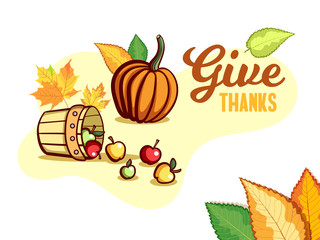 Greeting card. Ripe apples and pumpkin on autumn background. Vector illustration