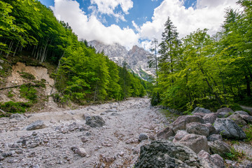 Triglav national natural Park in Slovenia, Pisnica valley. Hiking trails for tourists. Beautiful...