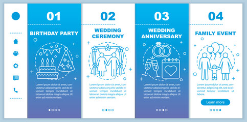 Event management & planning services onboarding mobile web pages vector template. Birthday party, wedding ceremony. Responsive smartphone website interface idea with linear illustrations. Webpage
