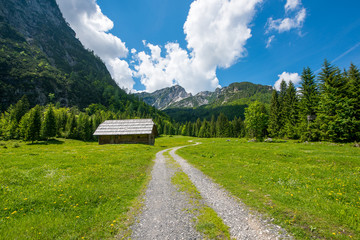 Triglav national natural Park in Slovenia, Pisnica valley. Hiking trails for tourists. Beautiful...