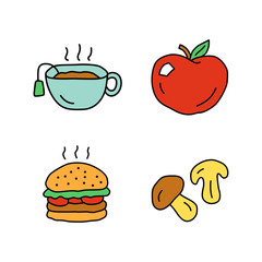 Delicious lunch doodle color icons set. Hot tea, ripe apple, burger and mushrooms hand drawn isolated vector illustrations. Tasty breakfast, fast food and drink. Healthy and harmful nutrition