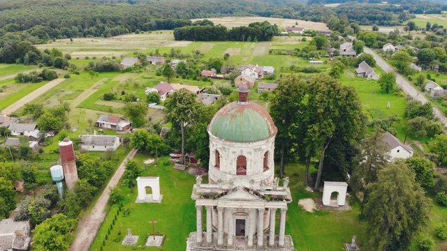 Catholic church located in the village Pidgirci (Lviv region, Ukraine), aerial view of Old Catholic church