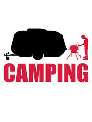camping wohnwagen grillen essen hunger schürze grillmeister fleisch anhänger unterwegs reisen urlaub ferien fahren auto roadtrip spaß hobby liebe straße clipart