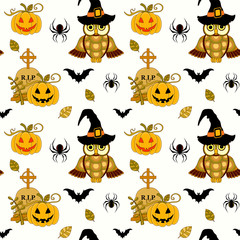 Seamless vector halloween pattern with pumpkin, but and owls