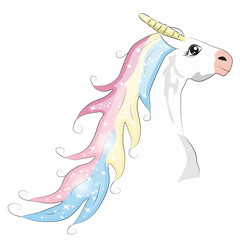 White unicorn head with mane and horn on starry background