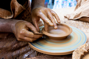Master potter creating a clay jar or jar close up. Jimenez de Jamuz