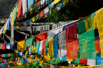 CLOSE UP: Colorful buddhist flags span above a path in the Tibetan mountains
