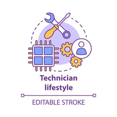 Technician lifestyle concept icon. Computer repair idea thin line illustration. Technical support. Programming, IT industry, hardware platform. Vector isolated outline drawing. Editable stroke