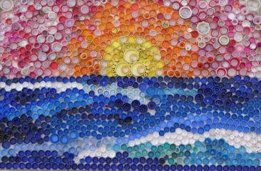  mosaic deocoration made of cororful plastic bottle caps 