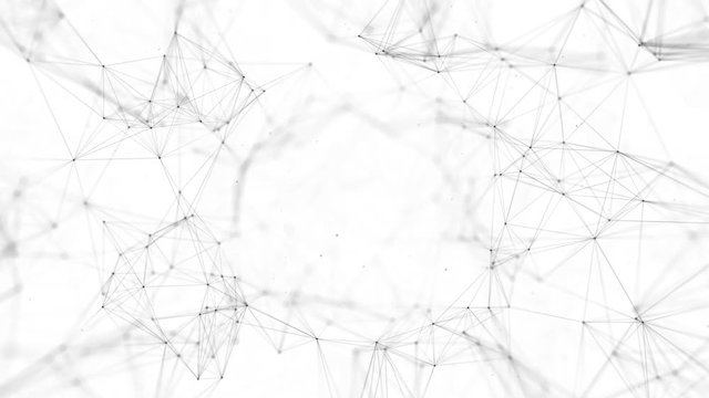 Abstract background with connecting dots and lines. Distribution of triangular shapes in space. Big data. Network connection structure. 3D Business Presentation Seamless Loop Background.