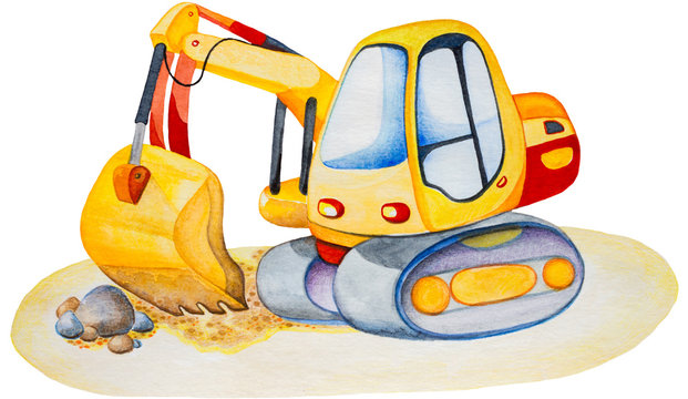 Cartoon funny excavator. Hand painted watercolor illustration  isolated on a white background