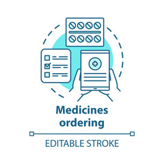 Medicines ordering app concept icon. Medical supplies delivery idea thin line illustration. Medications retail business. Tablet, pills and checklist vector isolated outline drawing. Editable stroke