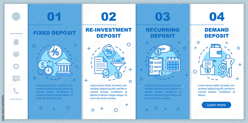 Wall mural deposit onboarding mobile web pages vector template. banking service. responsive smartphone website 