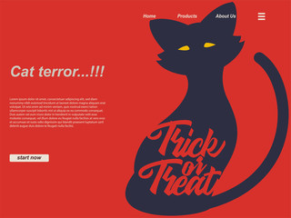 halloween cartoon scene with silhouette cat and trick or trick typography using red background. landing page website design template, background and banner