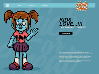halloween cartoon scene with children zombie girl using blue background. landing page website design template, background and banner