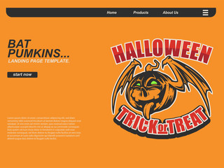 halloween scene by cartoon illustration with smiling pumpkin flying using bath wing . landing page website design template, background and banner