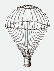 Fully deployed and descending historic parachute with man standing in basket and waving flag. Illustration after etching from 19th century