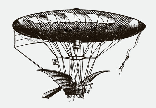 Historic flying airship with stearing device and two wings. Illustration after wood engraving from 19th century