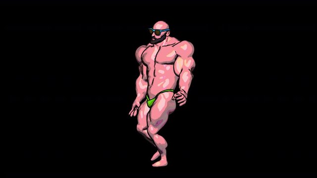 Seamless animation of a muscular man bodybuilder with swimming trunk. Funny summer background cartoon hand drawn style isolated with alpha channel