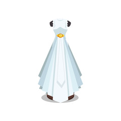 White long wedding dress with golden buckle on mannequin