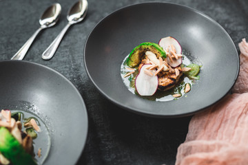 Swordfish with Grilled Avocado, Radishes, and Slivered Toasted Almonds, Fine dining