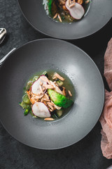 Swordfish with Grilled Avocado, Radishes, and Slivered Toasted Almonds, Fine dining