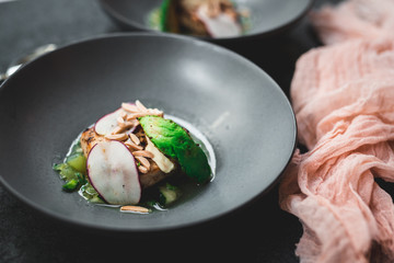 Swordfish with Grilled Avocado, Radishes, and Slivered Toasted Almonds, Fine dining