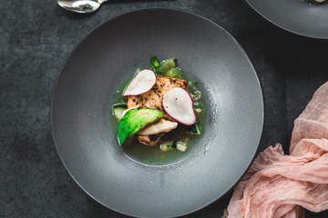 Swordfish with Grilled Avocado and Radishes, Fine dining
