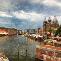 Fototapeta na wymiar Oil painting modern art Amsterdam, Netherlands. Wall poster and canvas contemporary drawing print. Touristic postcard and stationery design. Europe beauty travel scene, historical buildings and place.