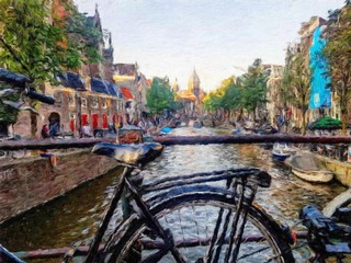Fototapeta premium Oil painting modern art Amsterdam, Netherlands. Wall poster and canvas contemporary drawing print. Touristic postcard and stationery design. Europe beauty travel scene, historical buildings and place.