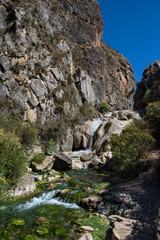 Streams and waterfalls feeding the natural pools of the Millpu Blue Lagoons, Ayacucho, Peru