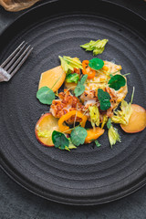 Grilled scallops, ripe and unripe peach, nasturtium leaves, celery