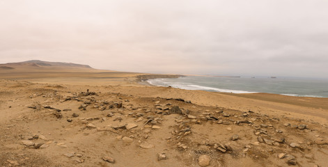 Dramatic coastline with intense colors in the desert of Paracas National Reserve, Peru