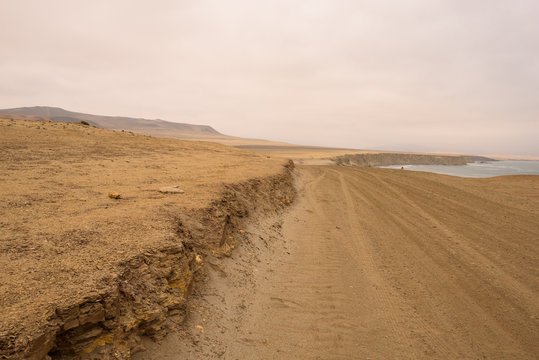 Dramatic coastline with intense colors in the desert of Paracas National Reserve, Peru