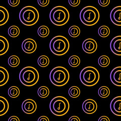 Seamless trendy pattern with music note icons. Gradient bright linear objects on the black background. Usable for banners, cards, posters, party invitations, packaging, covers. Vector illustration