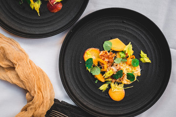 Grilled scallops, ripe and unripe peach, nasturtium leaves, celery