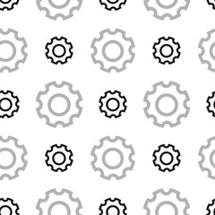 Seamless repeat simple pattern with setting icons. Black and grey objects on the white background. Vector illustration. Usable for web banners, cards, wrapping paper, packaging