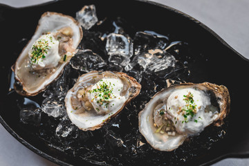 Raw oyster with mignonette sauce, celery & cream in cast iron on ice