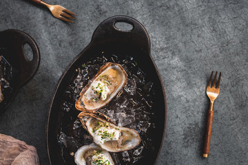 Raw oyster with mignonette sauce, celery & cream in cast iron on ice