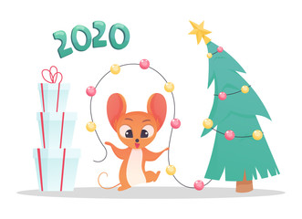 Vector New Year congratulation design. mouse portrait cartoon illustration. Holiday card design element. Merry Christmas, happy New Year 2020 memory card, advertisement design. Chinese year symbol