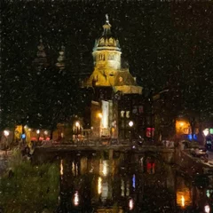 Deurstickers Oil painting modern art Amsterdam, Netherlands. Wall poster and canvas contemporary drawing print. Touristic postcard and stationery design. Europe beauty travel scene, historical buildings and place. © Katsiaryna