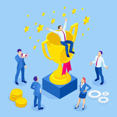 Isometric businessman success, leadership, awards, career, successful projects, goal, winning plan, leadership qualities in a creative team, direction on a successful path concept