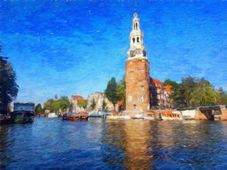 Fototapeta premium Oil painting modern art Amsterdam, Netherlands. Wall poster and canvas contemporary drawing print. Touristic postcard and stationery design. Europe beauty travel scene, historical buildings and place.