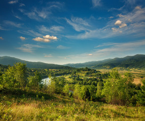 Fototapeta premium Summer landscape in mountains of Carpathians river in alley village and pine forests
