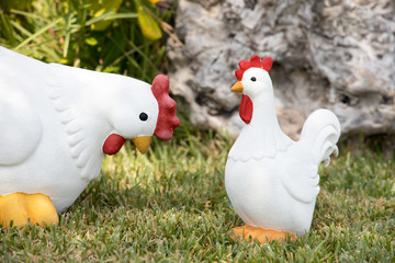 Two White decoration hens on green grass