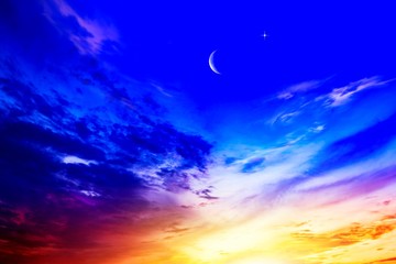 Obraz na płótnie Canvas Crescent moon with beautiful sunset background . Generous Ramadan . Religion background 